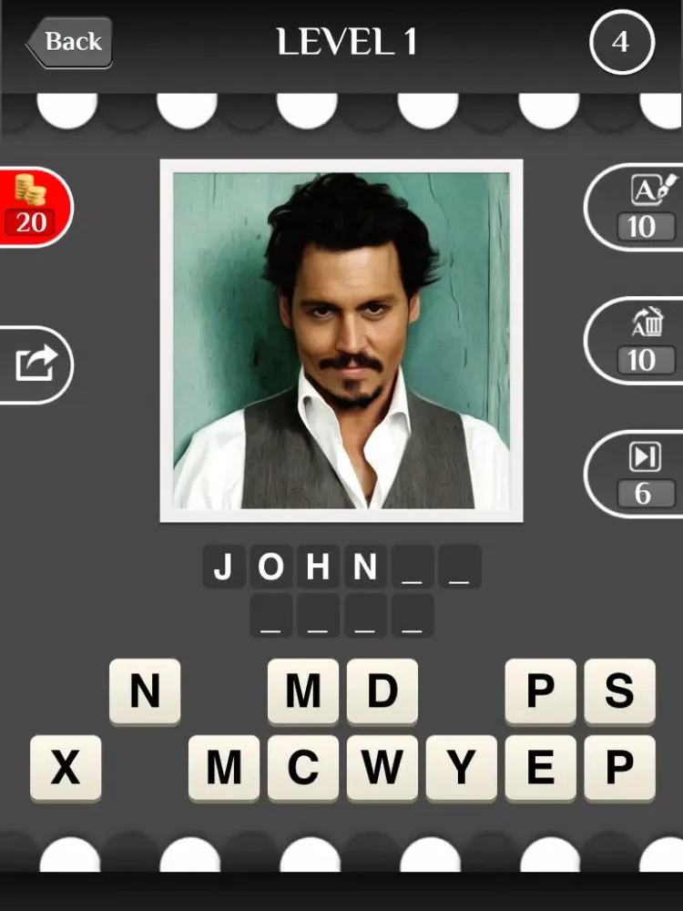 Ảnh chụp màn hình của Celebrity Guess (guessing the celebrities quiz games). Cool new puzzle trivia word game with awesome images of the most popular TV icons and movie stars. Have fun predicting the famous celeb, talented musician, iconic athlete and sports icon. Free iPad 
