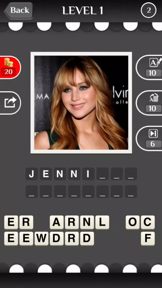 Ảnh chụp màn hình của Celebrity Guess (guessing the celebrities quiz games). Cool new puzzle trivia word game with awesome images of the most popular TV icons and movie stars. Have fun predicting the famous celeb, talented musician, iconic athlete and sports icon. Free
