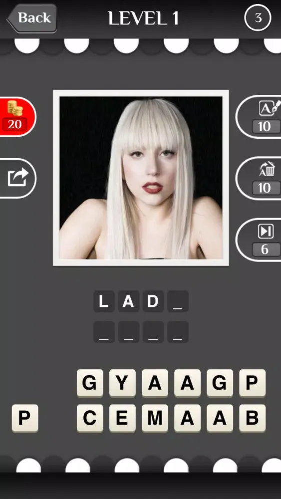 Ảnh chụp màn hình của Celebrity Guess (guessing the celebrities quiz games). Cool new puzzle trivia word game with awesome images of the most popular TV icons and movie stars. Have fun predicting the famous celeb, talented musician, iconic athlete and sports icon. Free