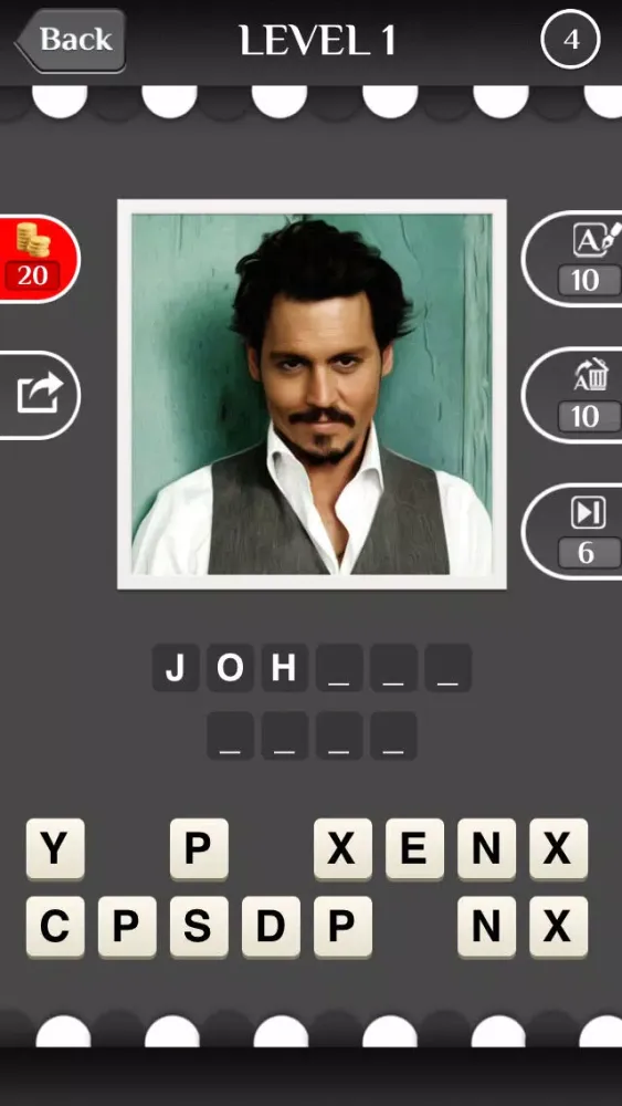 Ảnh chụp màn hình của Celebrity Guess (guessing the celebrities quiz games). Cool new puzzle trivia word game with awesome images of the most popular TV icons and movie stars. Have fun predicting the famous celeb, talented musician, iconic athlete and sports icon. Free
