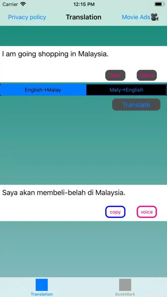 Capturas de tela do English to Malay Translation