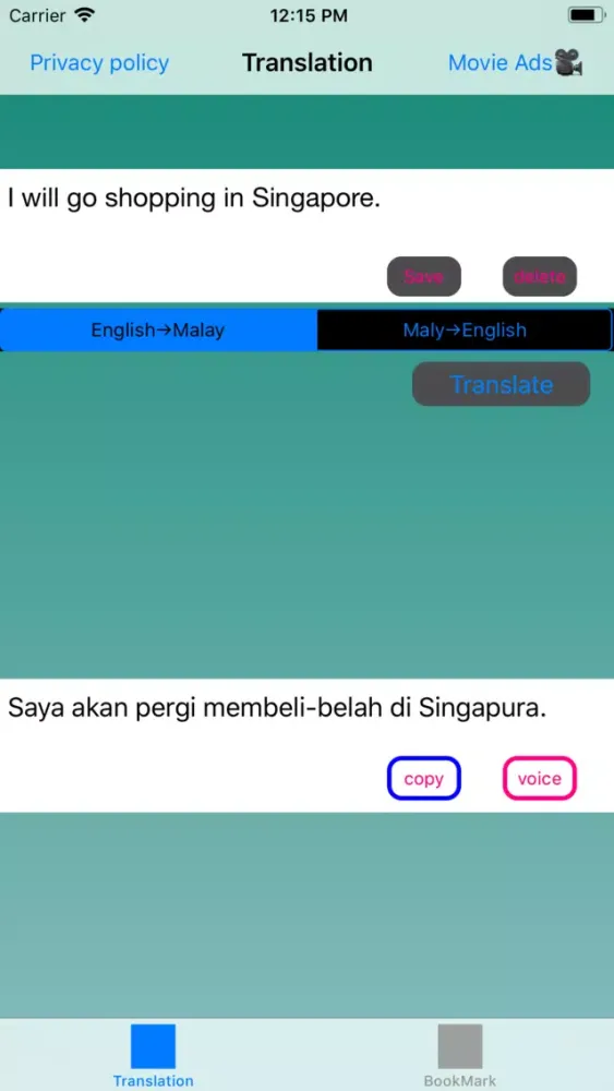 Capturas de tela do English to Malay Translation