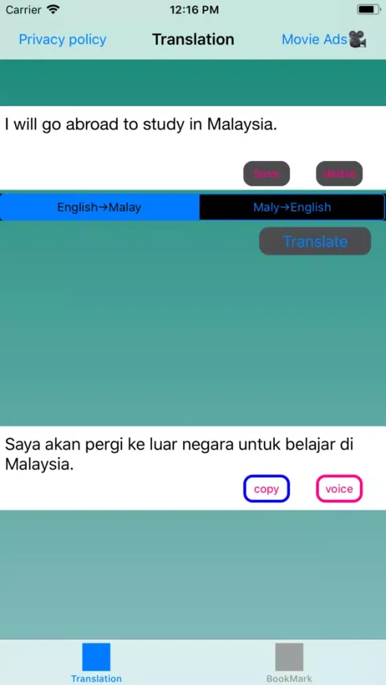 Capturas de tela do English to Malay Translation