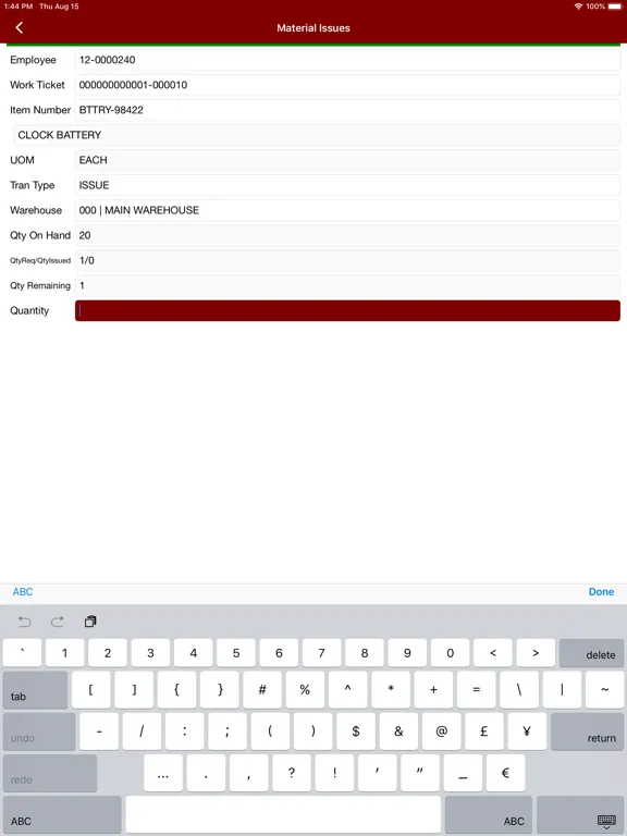 Ảnh chụp màn hình của Sage Shop Floor iPad 