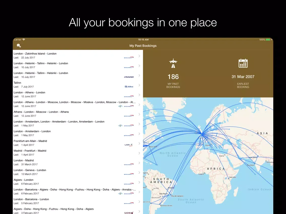 Tangkapan layar MyFlights iPad 