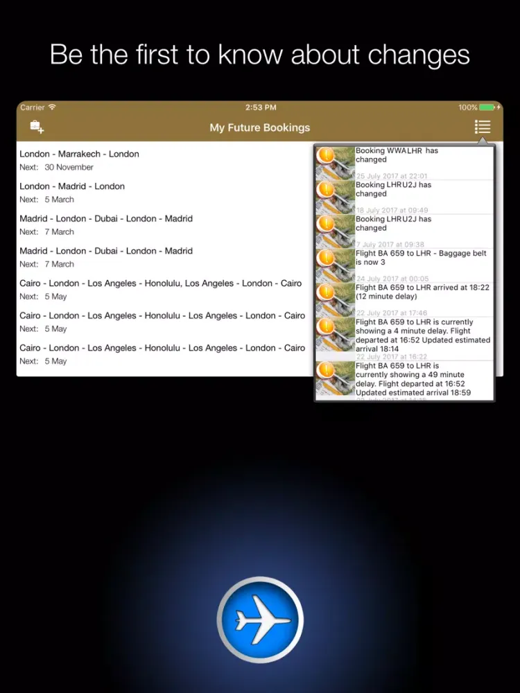 Tangkapan layar MyFlights iPad 
