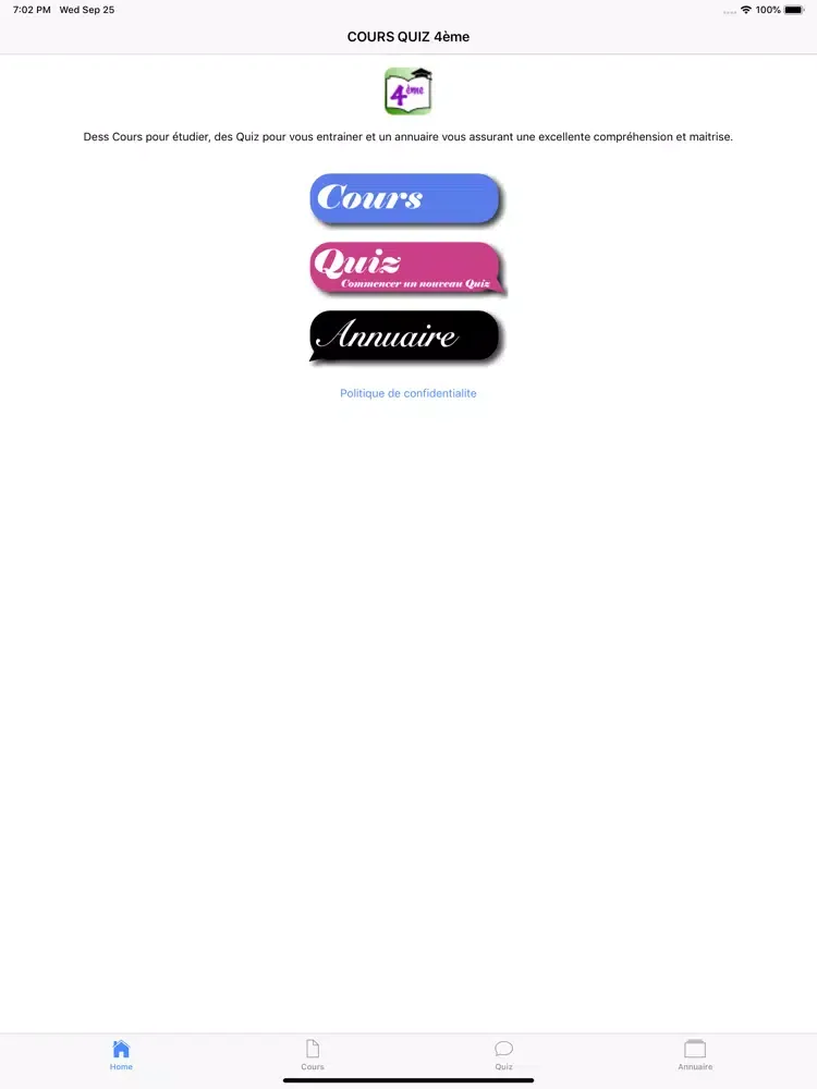 COURS QUIZ 4ème iPad  스크린샷