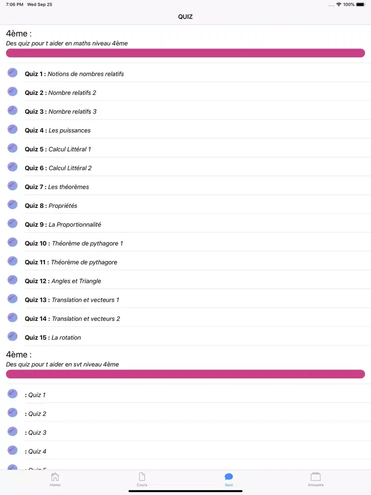 COURS QUIZ 4ème iPad  스크린샷
