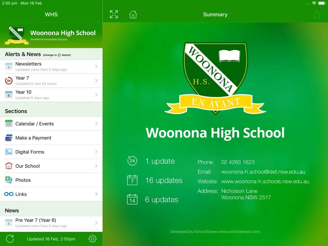Tangkapan layar Woonona High School - Enews iPad 