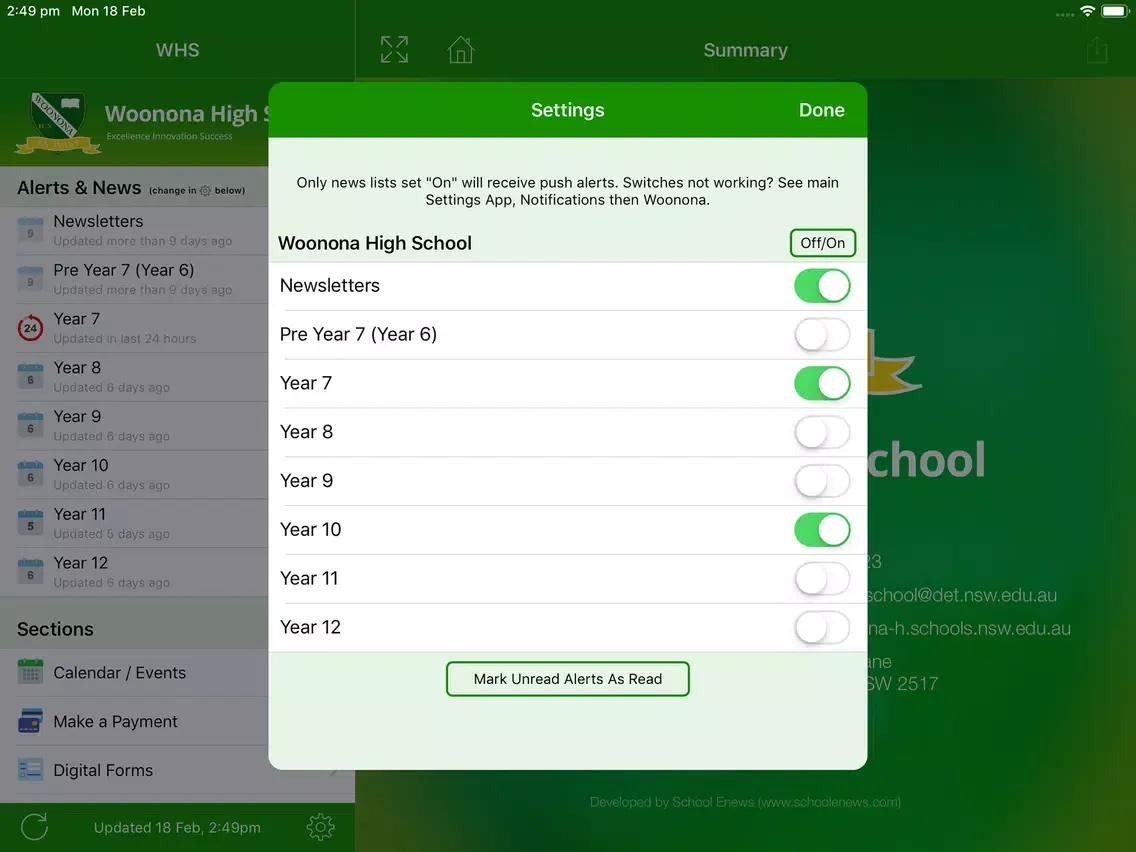 Tangkapan layar Woonona High School - Enews iPad 