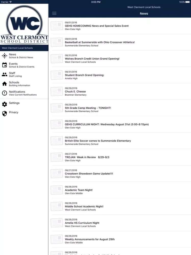 Capturas de pantalla de West Clermont Local School District iPad 
