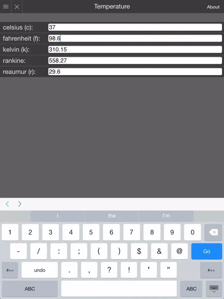 Tangkapan skrin Mila's Temperature Converter iPad 