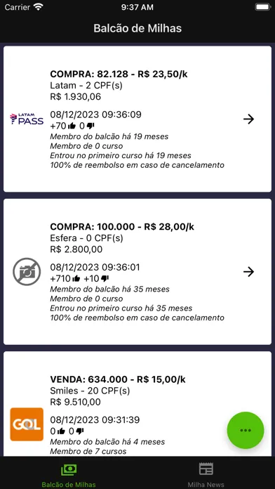 Capturas de tela do Balcão de Milhas