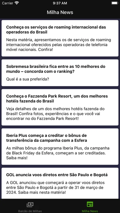 Capturas de tela do Balcão de Milhas