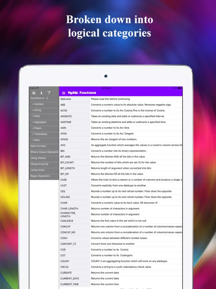 Capturas de pantalla de MySQL Functions Reference iPad