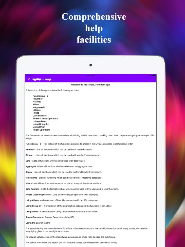 Capturas de pantalla de MySQL Functions Reference iPad