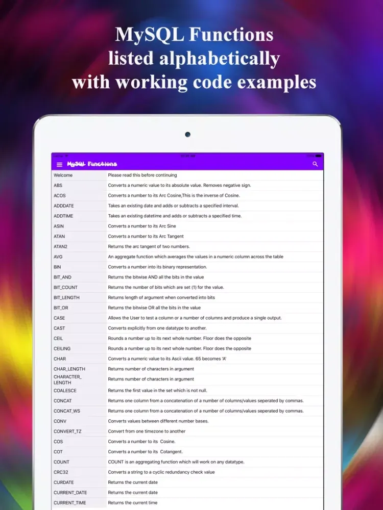 MySQL Functions Reference Free iPad Screenshots