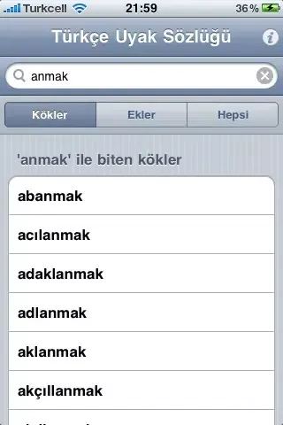 Screenshot di Türkçe Uyak Sözlüğü