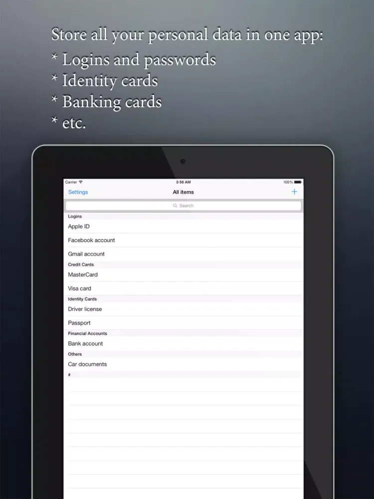 Safebook - saver personal data iPad  Screenshots