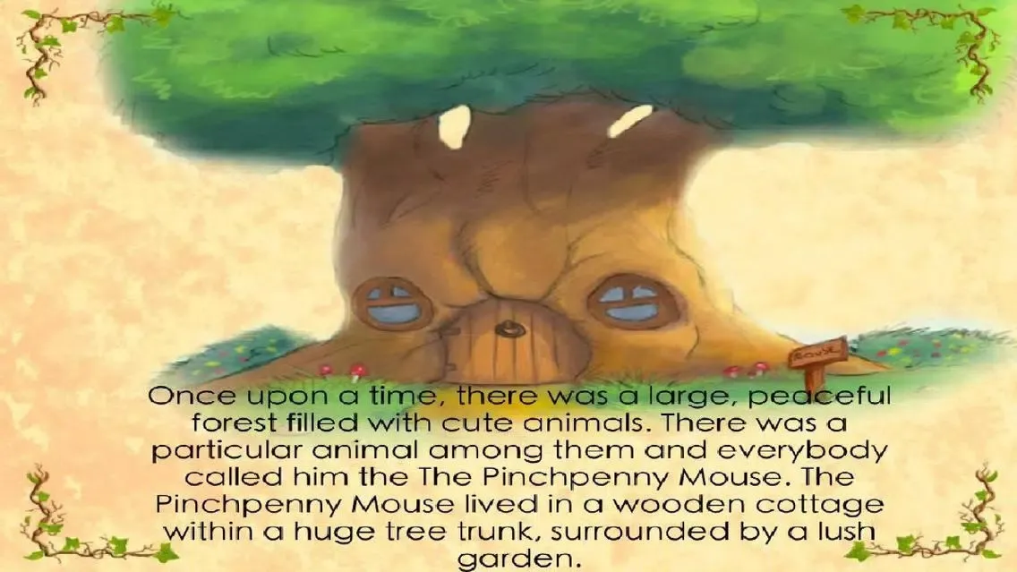Captures d'écran de "The Pinchpenny Mouse" interactive animated storybook