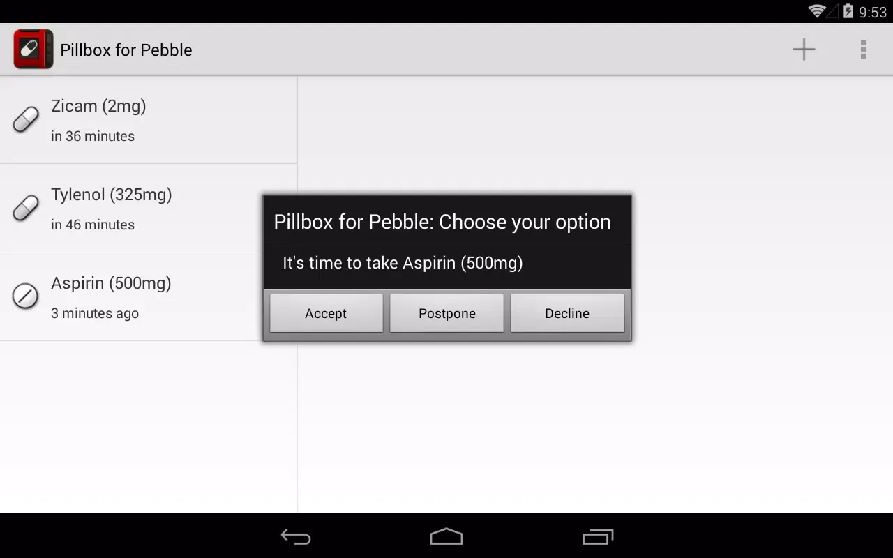 Pillbox for Pebble スクリーンショット