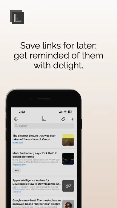 Capturas de tela do Laytur: save links + reminders