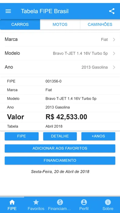 Capturas de tela do Tabela FIPE Brasil