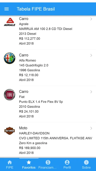 Capturas de tela do Tabela FIPE Brasil