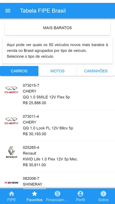 Capturas de tela do Tabela FIPE Brasil