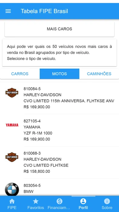 Capturas de tela do Tabela FIPE Brasil