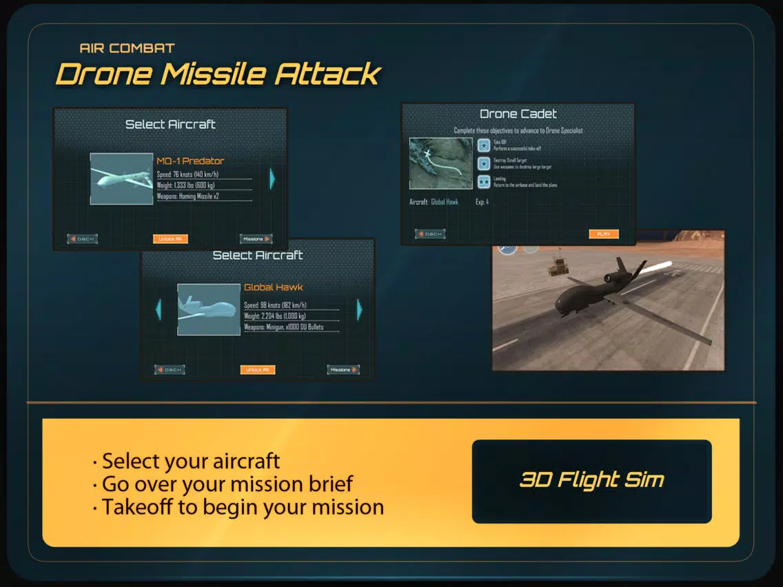 Tangkapan layar Air-Combat Drone Test Pilot Missile Attack Sim 3D iPad 