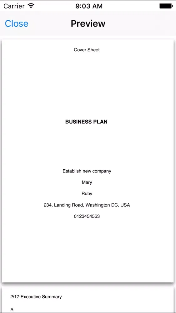 Capturas de tela do Business Plan Writer