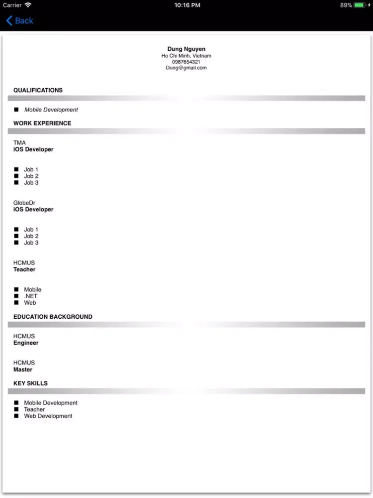 Ảnh chụp màn hình của Resume Studio iPad 