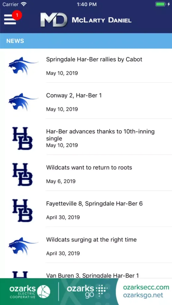 Capturas de tela do Har-Ber Wildcats Athletics