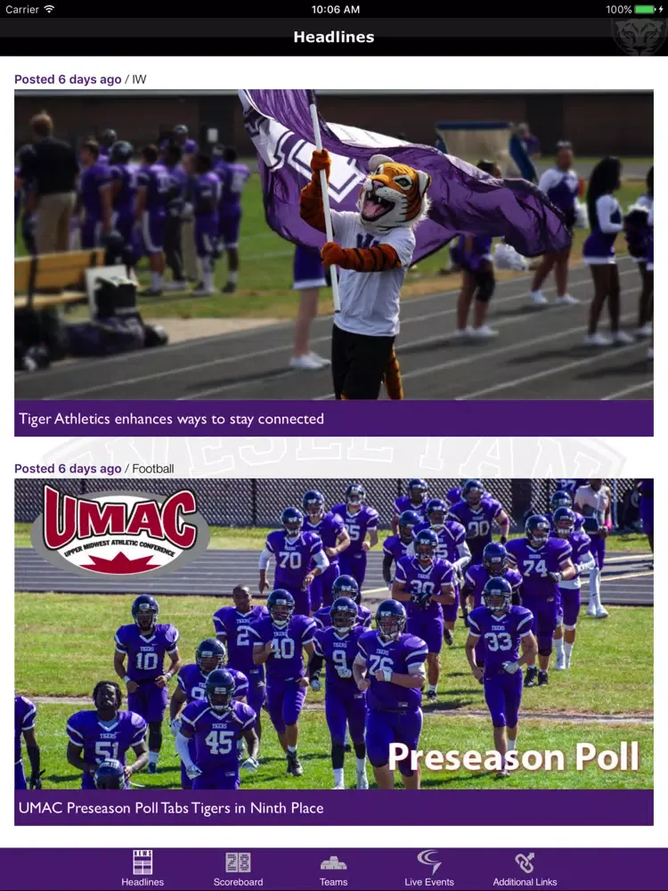 Tangkapan skrin Iowa Wesleyan Tigers Athletics iPad 
