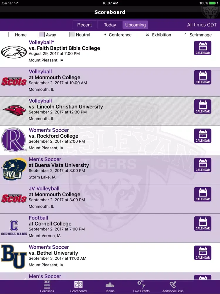 Tangkapan skrin Iowa Wesleyan Tigers Athletics iPad 