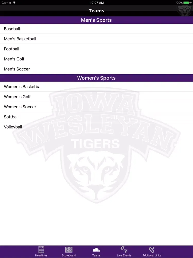 Tangkapan skrin Iowa Wesleyan Tigers Athletics iPad 