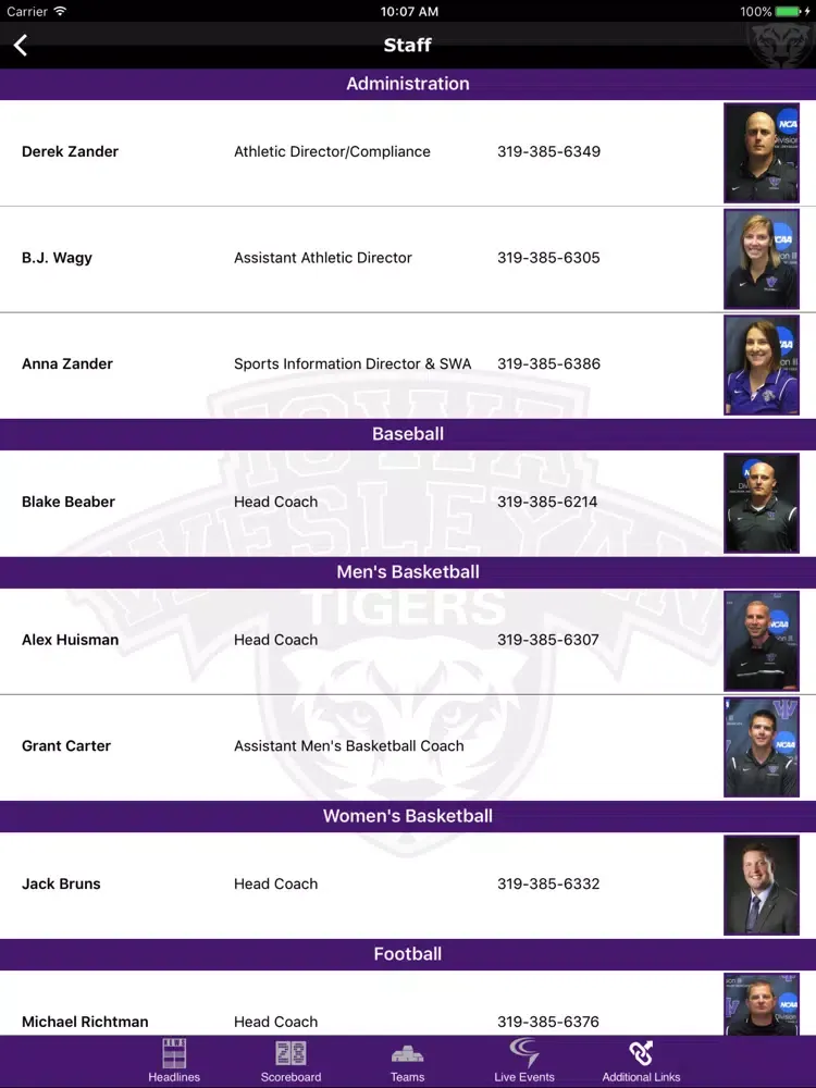 Tangkapan skrin Iowa Wesleyan Tigers Athletics iPad 