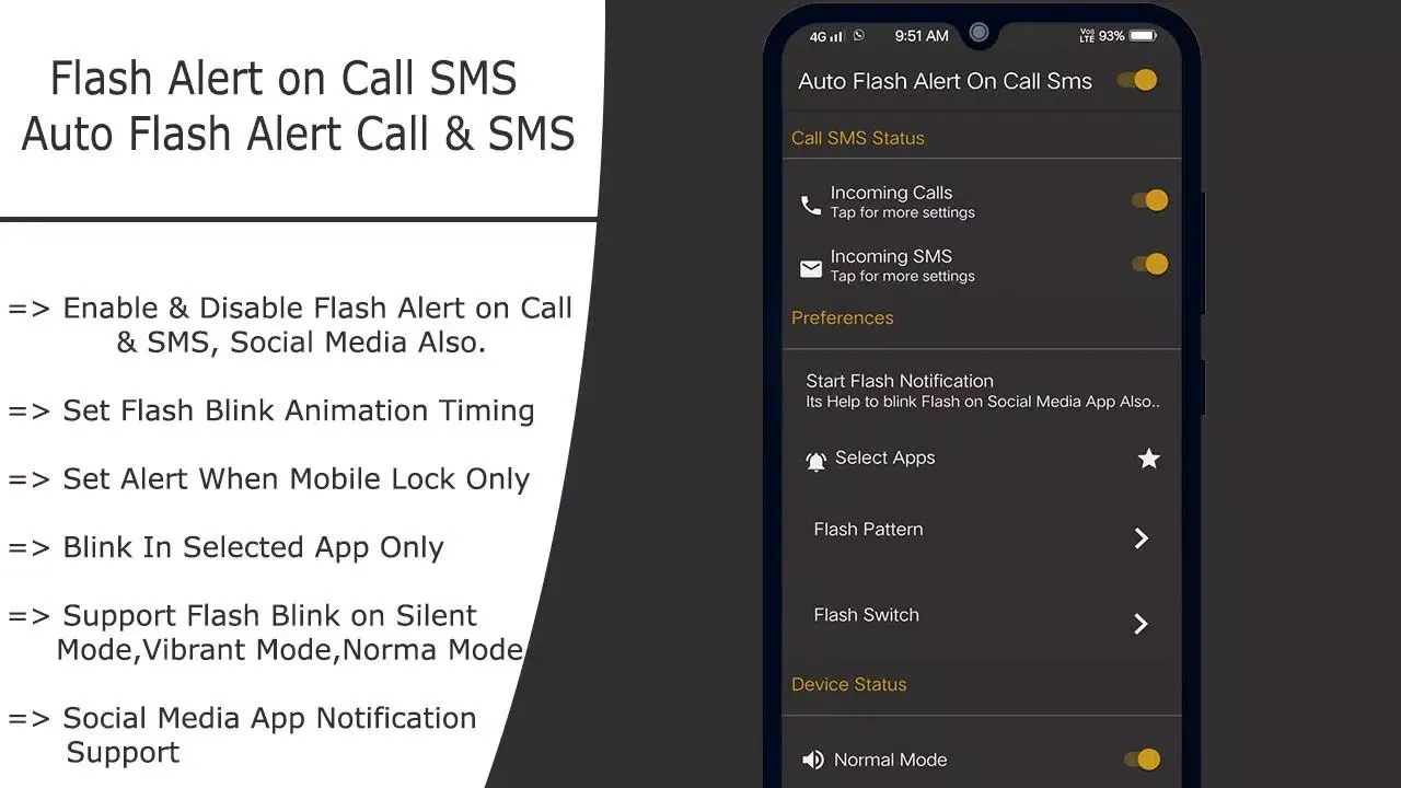 Auto Flash Alert On Call Sms Screenshots