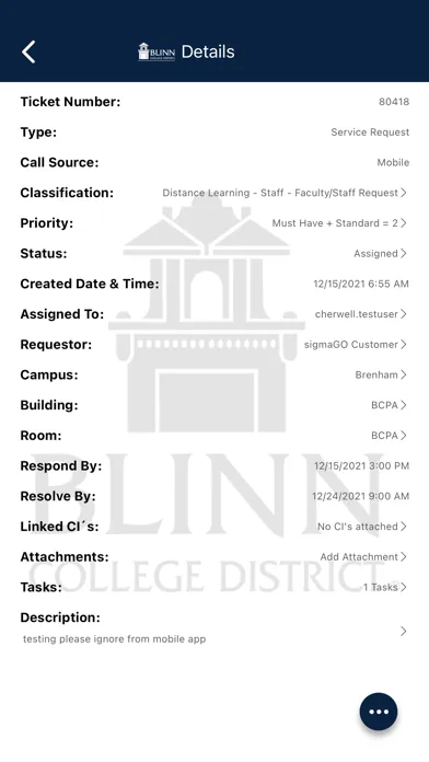 Ảnh chụp màn hình của Blinn College IT Service Desk