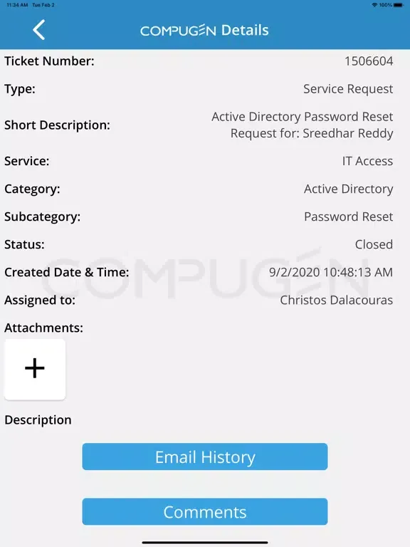 Ảnh chụp màn hình của COMPUGEN Service Desk iPad 