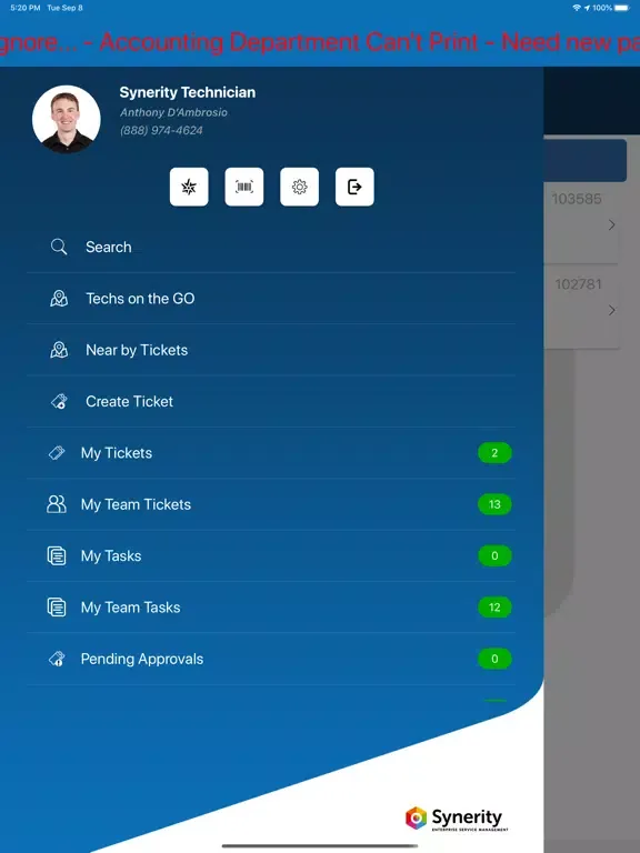 Capturas de tela do Synerity Technician iPad 