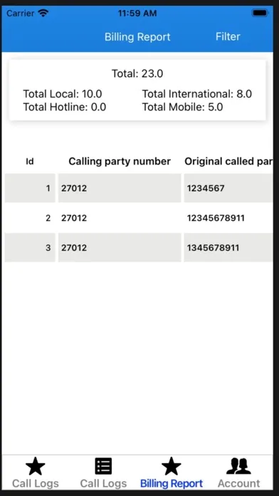 Call Logs and Billing スクリーンショット