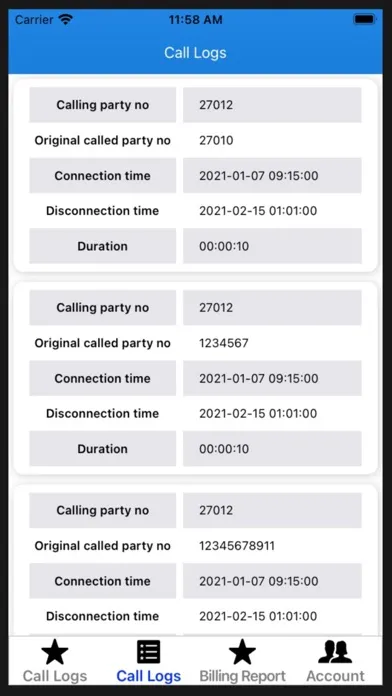 Call Logs and Billing スクリーンショット