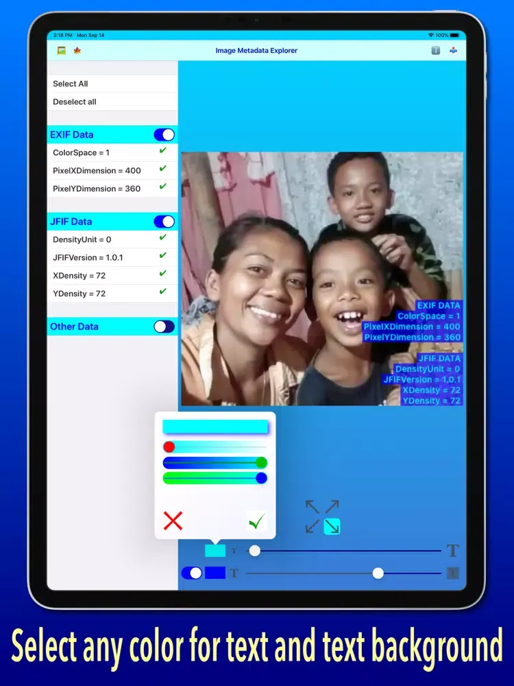 Tangkapan layar Image Metadata Explorer iPad 
