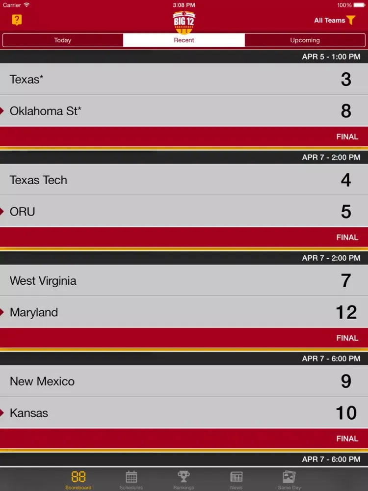 ภาพหน้าจอของ Big 12 Baseball Schedules, Scores, & Radio iPad 
