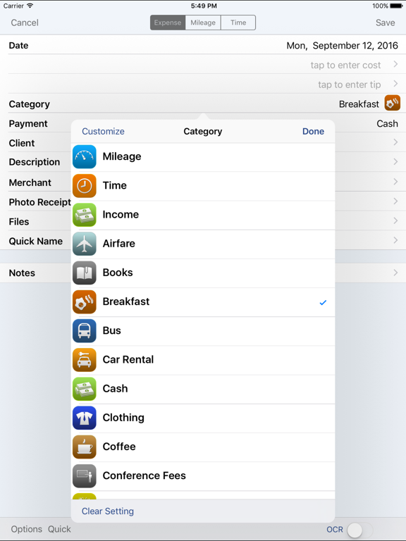 Tangkapan layar BizXpenseTracker iPad 