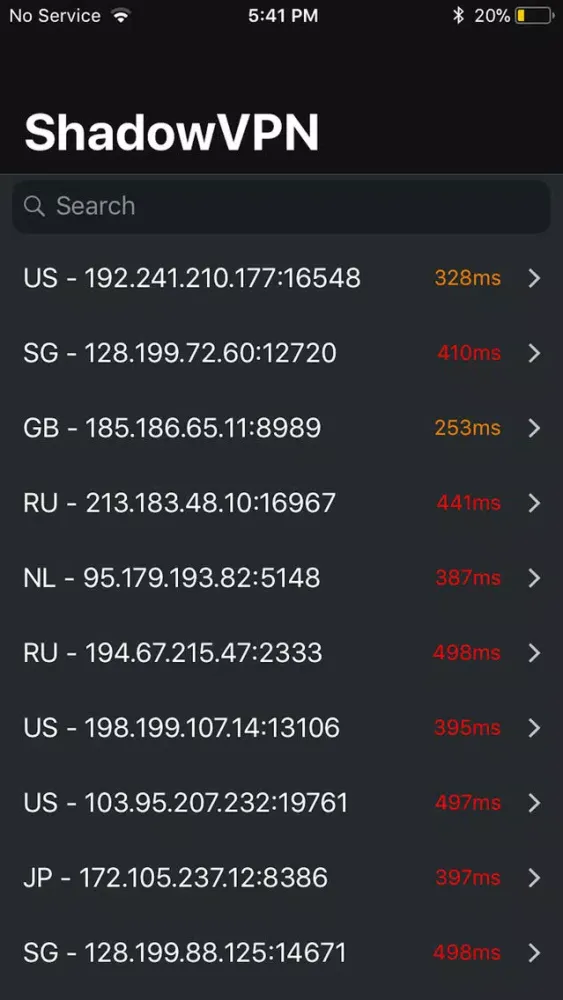 Tangkapan skrin Shadow VPN - Proxy List