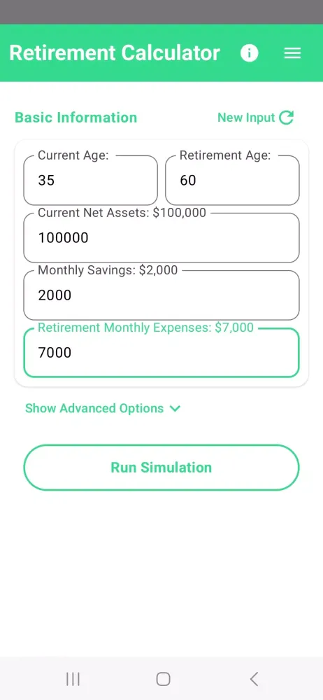 Retirement Calculator Screenshots