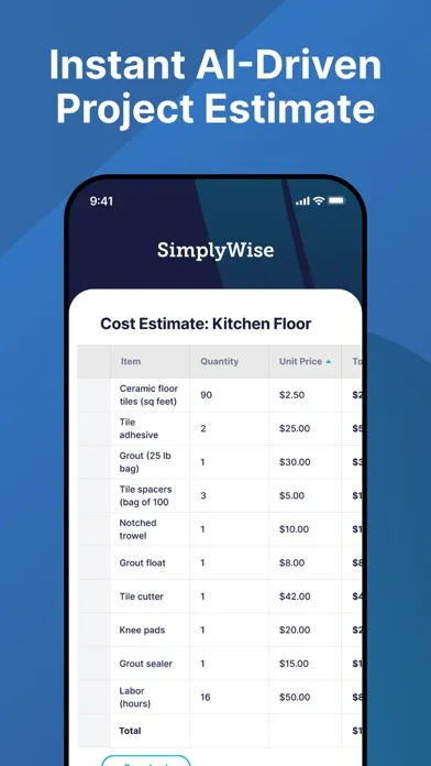 Capturas de tela do SimplyWise: Cost Estimator